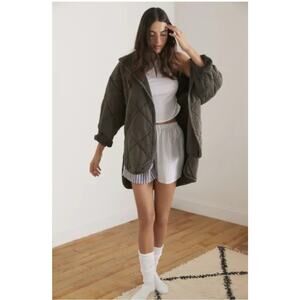 Out From Under Quilted Open Jacket Olive Green XS/S Coat Boxy Oversized Boho